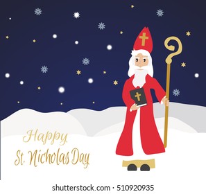 Cute greeting card with Saint Nicholas with mitre and pastoral staff, flat design, vector illustration.