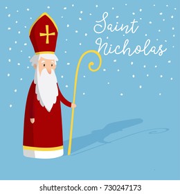 Cute greeting card with Saint Nicholas with mitre and pastoral staff. European winter tradition. Hand drawn design, vector illustration background with falling snow.