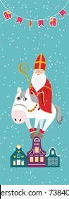 Cute greeting card with Saint Nicholas (Sinterklaas) with mitre stuff riding his horse.