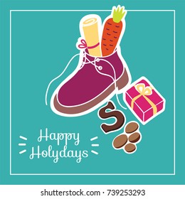 Cute greeting card for Saint Nicholas (Sinterklaas) day with shoe, carrot, gift box and text block.