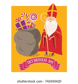 Cute greeting card with Saint Nicholas (Sinterklaas) with mitre stuff riding his horse.