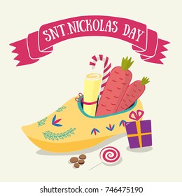 Cute greeting card for Saint Nicholas (Sinterklaas) day with shoe, carrot, gift box and text block.