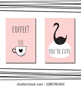 Cute greeting card in a Scandinavian style. Coffee and a Swan. Pink background
