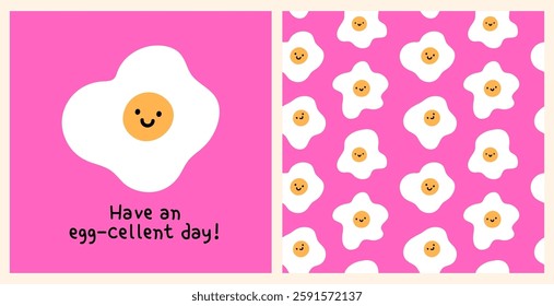 Cute greeting card and seamless pattern with kawaii fried eggs on a bright pink background. Vector hand-drawn flat illustration. Perfect for print, decorations, wrapping paper, wallpaper. Funny design