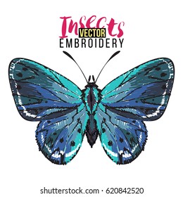 Cute greeting card with small blue butterfly. Embroidery fashion patch with insects illustration. Trendy traditional art on white background.
