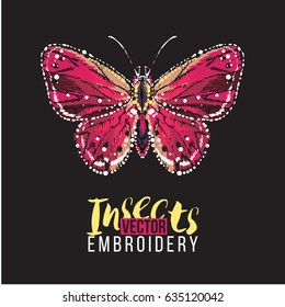 Cute greeting card with small red butterfly. Embroidery and rhinestones fashion crystal patch with insects illustration. Isolated on black background.