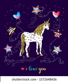 Cute greeting card with starry unicorn, wonderful star shaped balloons and text i love you isolated on the purple background. Vector illustration with beautiful  animal for design cards, posters
