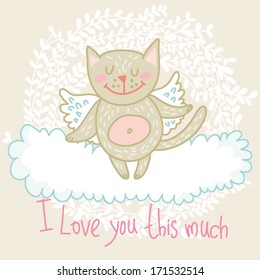 Cute greeting card with sweet angel cat on the cloud "I love you this much" with wreath.