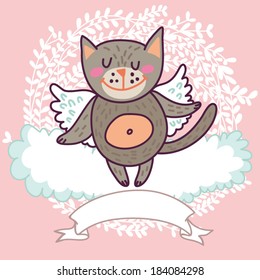 Cute greeting card with sweet angel cat on the cloud "I love you this much" with wreath.