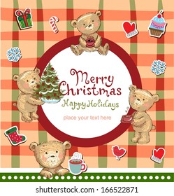 Tarjeta de saludo con osos de Teddy y adornos navideños.
