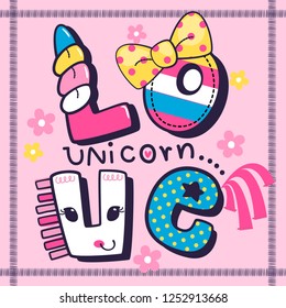 Cute greeting card template. Love unicorn in frame on pink background illustration vector. 