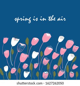 Cute greeting card template. Vector card with place for text. Romantic doodle flowers in hand drawn style and pastel colors.