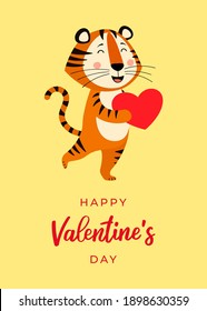 Cute greeting card with a tiger the symbol of the year 2022 in the Chinese or Eastern calendar. Handwritten Text "Happy Valentine's Day".  Vector stock flat illustration