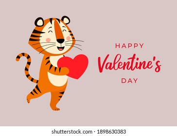 Cute greeting card with a tiger the symbol of the year 2022 in the Chinese or Eastern calendar. Handwritten Text "Happy Valentine's Day". Vector stock flat illustration