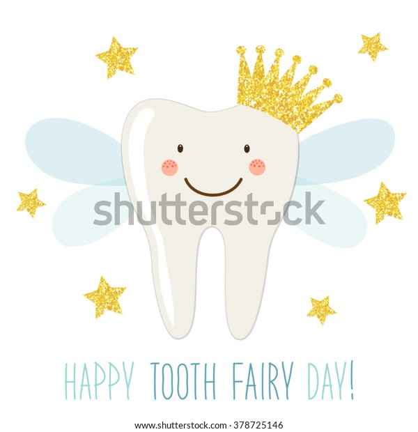 金色の輝く王冠 翼 手書きのテキストを持つ歯の妖精のおかしな笑顔の漫画のキャラクターとして 歯の妖精の日のかわいいグリーティングカード のベクター画像素材 ロイヤリティフリー