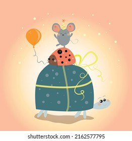 cute greeting card. turtle, ladybug and mouse stand on top of each other. gentle and calm colors. baby illustration