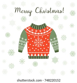 Cute greeting card with ugly Christmas sweater in red and green and snowflakes for invitations, brochures and flyers