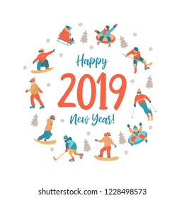Cute greeting card, vector illustration. People are engaged in winter sports, ride a roller coaster on tubing and sledding, skiing, skating and snowboarding, playing hockey.