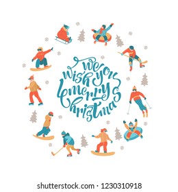 Cute greeting card, vector illustration. People are engaged in winter sports, ride a roller coaster on tubing and sledding, skiing, skating and snowboarding, playing hockey.