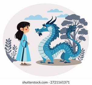 Una linda tarjeta de felicitación con una Ilustración vectorial de un dragón y una niña de pie frente a ella. Personaje de dibujos animados Cuento de hadas lindo monstruo dragón sobre fondo blanco