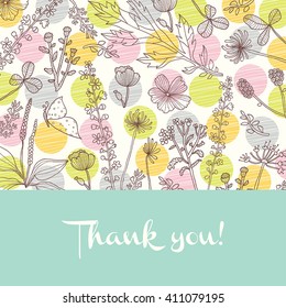 Cute greeting card. Vector illustration. Flowers and polka dots.