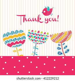 Cute greeting card. Vector illustration. Flowers and polka dots.