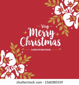 Cute greeting card of very merry christmas, with white wreath frame, isolated on red background. Vector