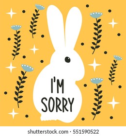 Cute greeting card with a white rabbit. Place for text. Vector.