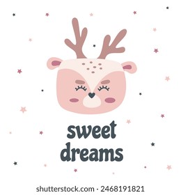 Cute greeting card with woodland animal deer. Handwritten sweet dreams. Hand drawn funny kids character for nursery, children's clothes and T-shirts, wallpaper, packaging