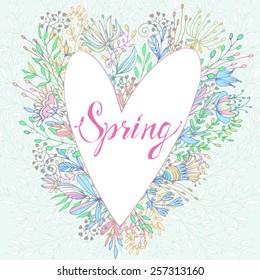 Cute greeting card with the words "Spring" framed by flowers and shoots.