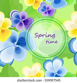 Cute Greeting card with the words "spring Time" and flowers.Purple,blue and yellow pansies on a light green background.