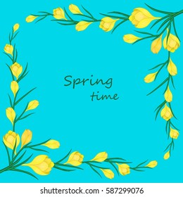 Cute Greeting card with the words "spring Time" and flowers.Vector illustration with yellow crocuses. Can be used as greeting cards, wedding invitations, birthday,spring or summer holiday,celebration.