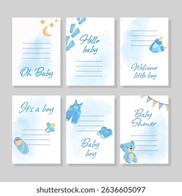 Cute greeting cards for baby boy announcement with blue flat illustrations including baby elements, perfect for celebrations and invitations