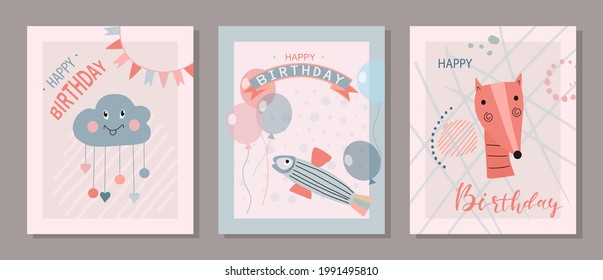 Cute greeting cards with balloons, flags, fish, fox, cloud, freehand details.Bright design of a children's holiday.Vector illustration.