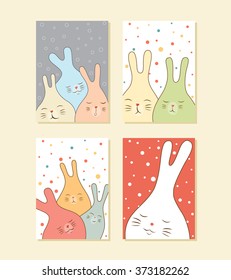 Cute greeting cards, brochures, invitations with happy sleepy Easter cartoon hares, circles. Cartoon animals background