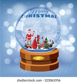 Cute greeting cards, Christmas ball, Santa Claus with a bag of gifts, winter village, Cartoon style, vector illustration