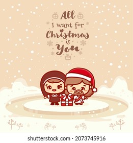 Cute greeting cards of couple Jesus Christ and The Nun. All i want for christmas is you. Kawaii style