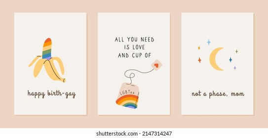 Cute Greeting Cards With LGBT Symbols. Pride Month Poster With Rainbow Colored Banana, Tea Bag With LGBTea Phrase And Moon With Colorful Stars. Queer Vertical Cards On White Background. Vector.