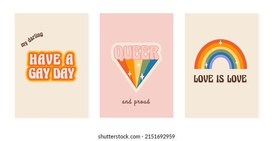 Cute greeting cards with LGBT symbols in retro groovy 60s 70s style. Pride month poster with rainbow and LGBTQ phrases and slogans. Set of queer vertical cards. Vector illustration.