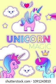 Cute Greeting Cards with Magic Unicorn. Vector illustration