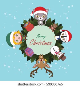 Cute greeting with elf, cat, penguin, snowman and reindeer