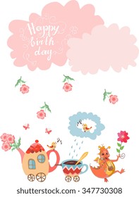 Cute greeting Happy birthday card with teapot, cup, dragon, flowers and clouds. Vector illustration. 
