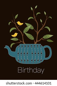 Cute greeting happy birthday card,Teapot with tree and little bird, Vector illustration. 
