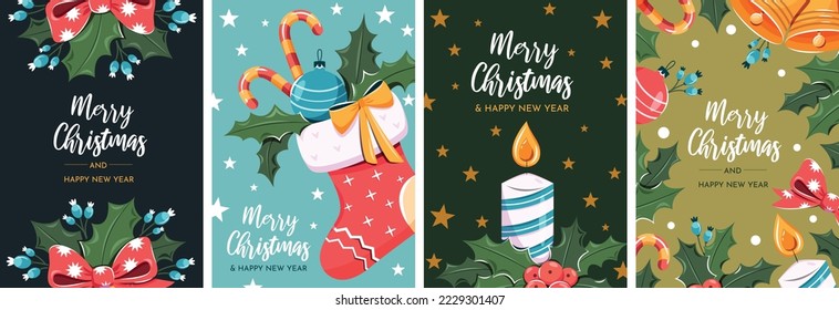 Cute greeting holiday cards. A set of New Year and Christmas pictures with congratulations. Holiday decorations: flowers, berries, stockings, candies, candles, leaves and other New Year elements.