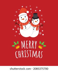 Cute Greeting Merry Christmas Card with two cute snowman brothers in Red Background.