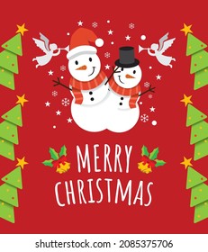 Cute Greeting Merry Christmas Card with two cute snowman brothers in Red Background.