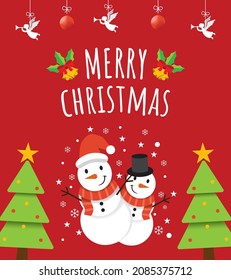 Cute Greeting Merry Christmas Card with two cute snowman brothers and two christmas tree in Red Background.