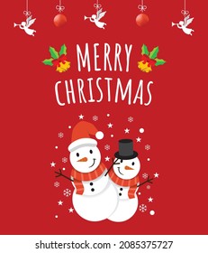 Cute Greeting Merry Christmas Card with cute snowman and fairy christmas in Red Background.