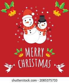 Cute Greeting Merry Christmas Card with two cute snowman brothers and christmas bells in Red Background.