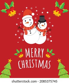 Cute Greeting Merry Christmas Card with two cute snowman brothers and christmas tree in Red Background.